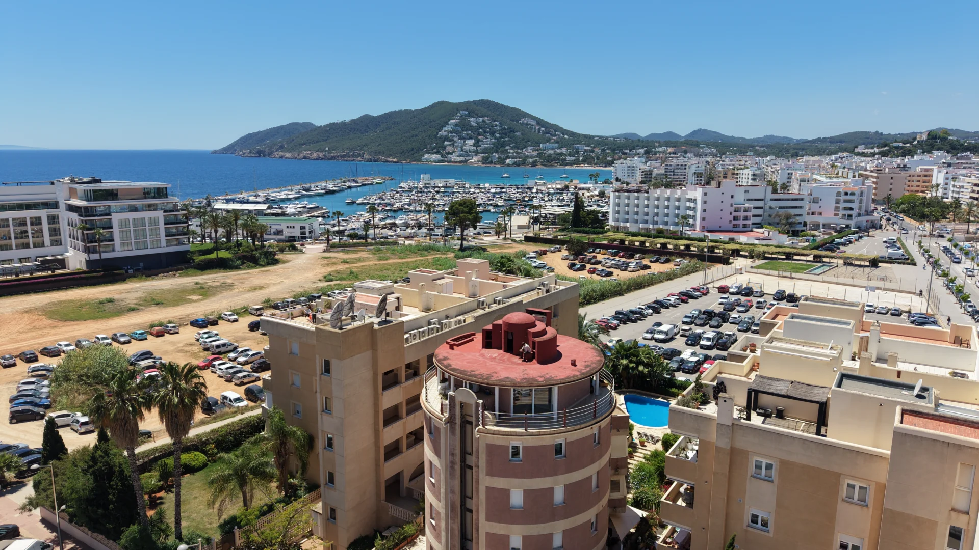 Aerial drone view of an Ibiza home and grounds