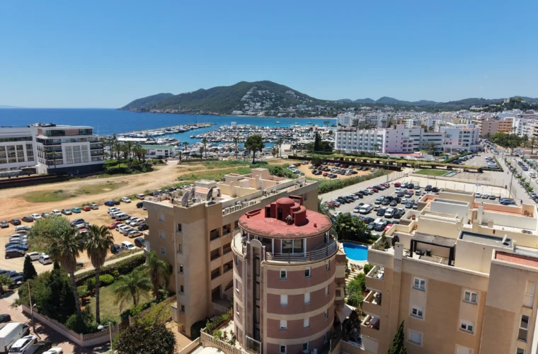 Aerial drone view of an Ibiza home and grounds