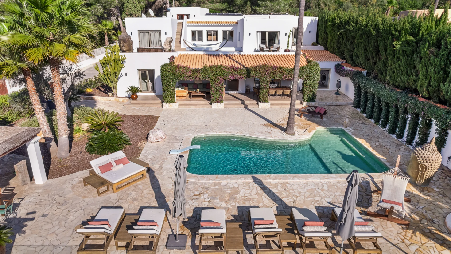 Whitewashed finca courtyard with pool in Jesús, Ibiza